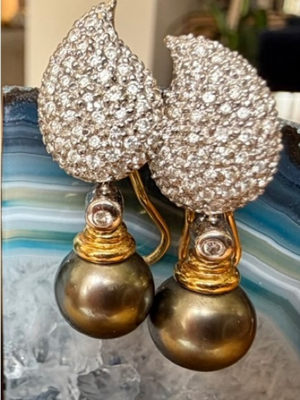 Genuine Diamond Drop Earrings With Black Tahitian Pearls 14K